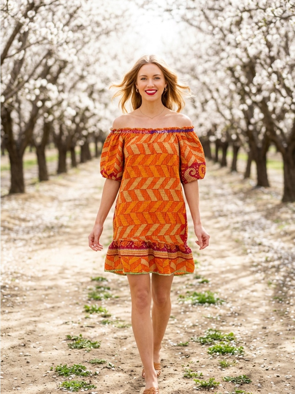 Kantha Orange reversible green  Patchwork Boho Off-Shoulder Dress 100% cotton